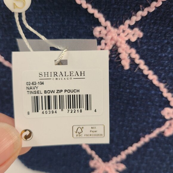NWT Shiraleah Navy Tinsel Bow Zip Pouch With Pink Embroidered Design Fully Lined - Picture 2 of 6